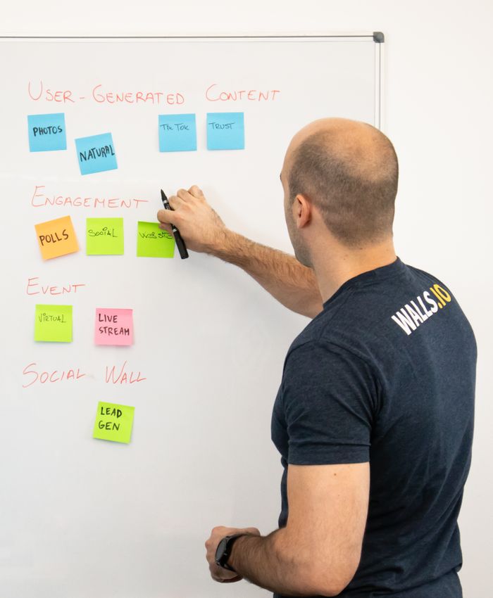 project-03-b Man analyzing marketing content strategies using sticky notes on a whiteboard.